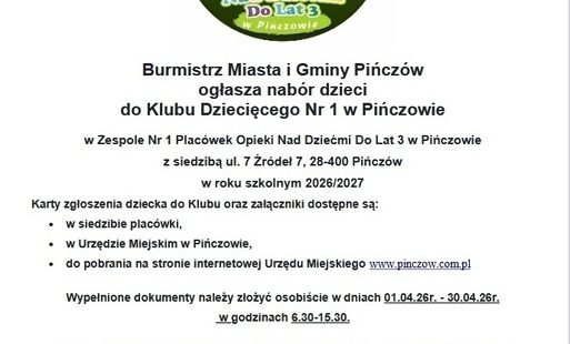 Zdjęcie do Rekrutacja do Klubu Dziecięcego nr 1 w Pińczowie