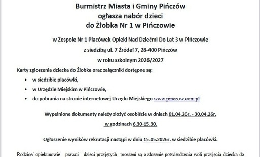 Zdjęcie do Rekrutacja do Żłobka nr 1 w Pińczowie