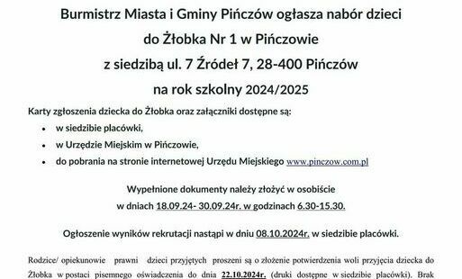 Zdjęcie do Burmistrz Miasta i Gminy Pińcz&oacute;w ogłasza nab&oacute;r dzieci  do Żłobka Nr 1 w Pińczowie 