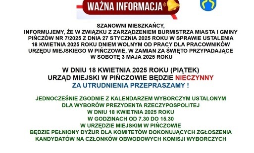 Zdjęcie do Ogłoszenie Burmistrza Miasta i Gminy Pińcz&oacute;w