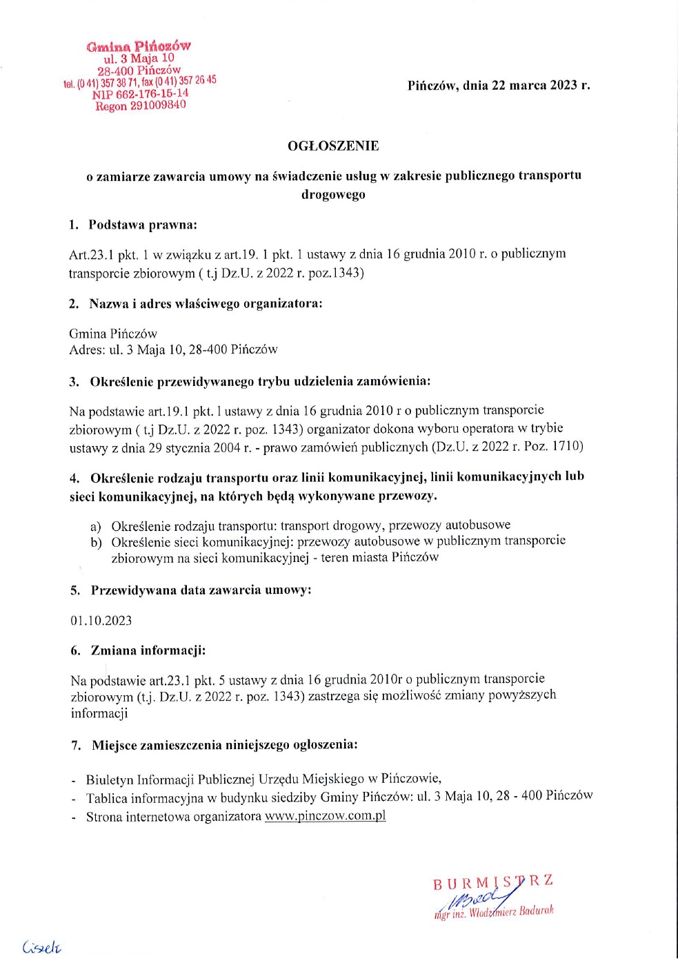 Ogłoszenie o&nbsp;zamiarze zawarcia umowy na&nbsp;świadczenie usług w&nbsp;zakresie publicznego transportu drogowego