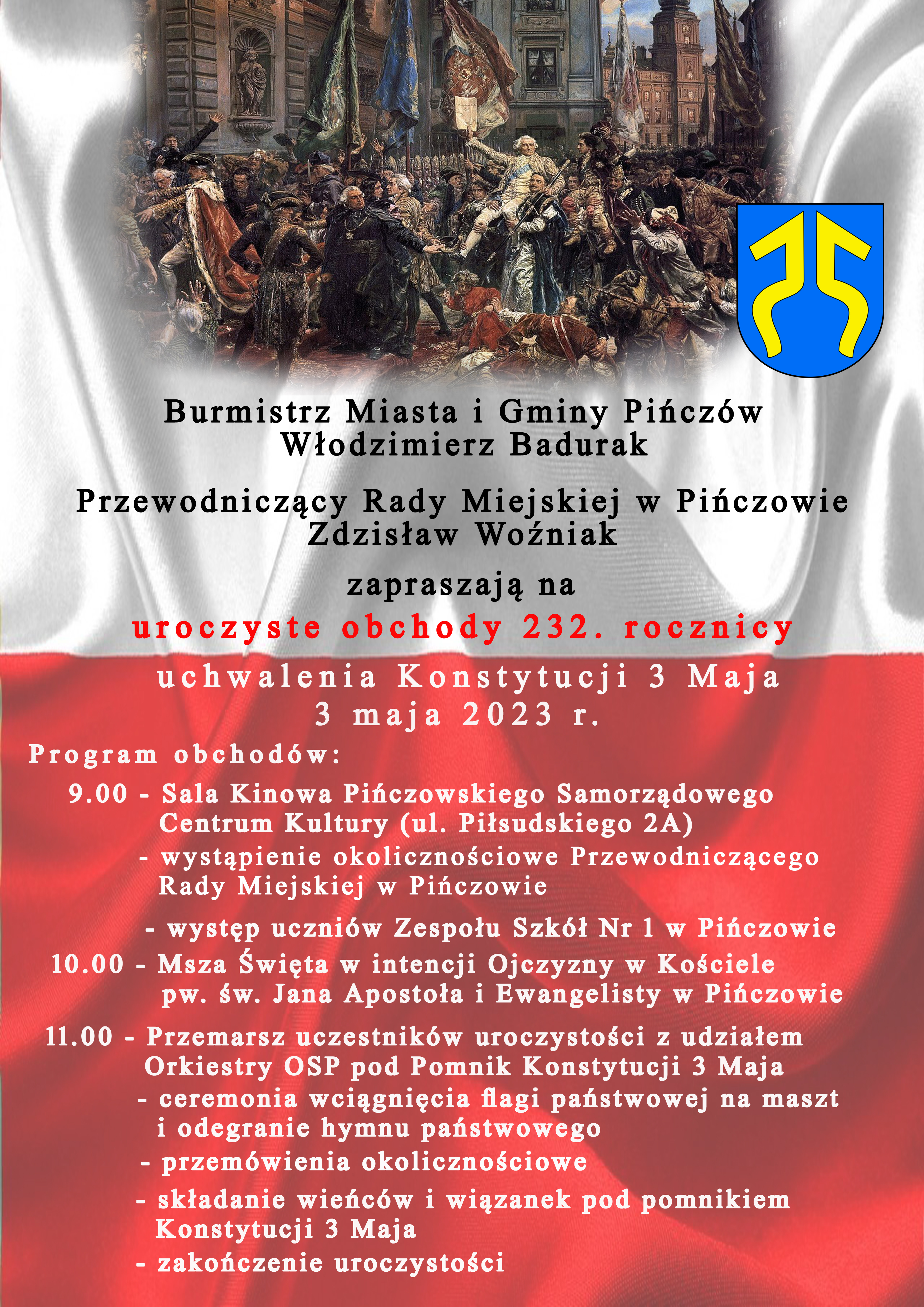 Plakat Zaproszenie na&nbsp;232 rocznice uchwalenia Konstytucji 3 Maja